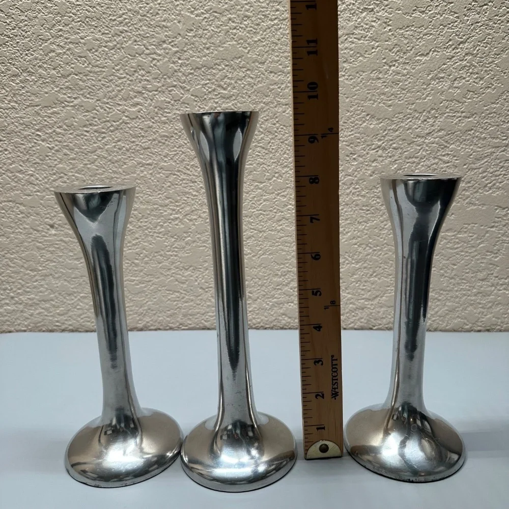 Pottery Barn Set of Three Egg Silver Tone Metal Taper Candle Holders